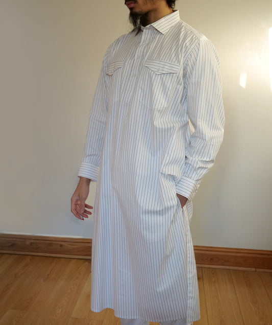Al-Hilaal Fanjabi - White Black Pinstripes