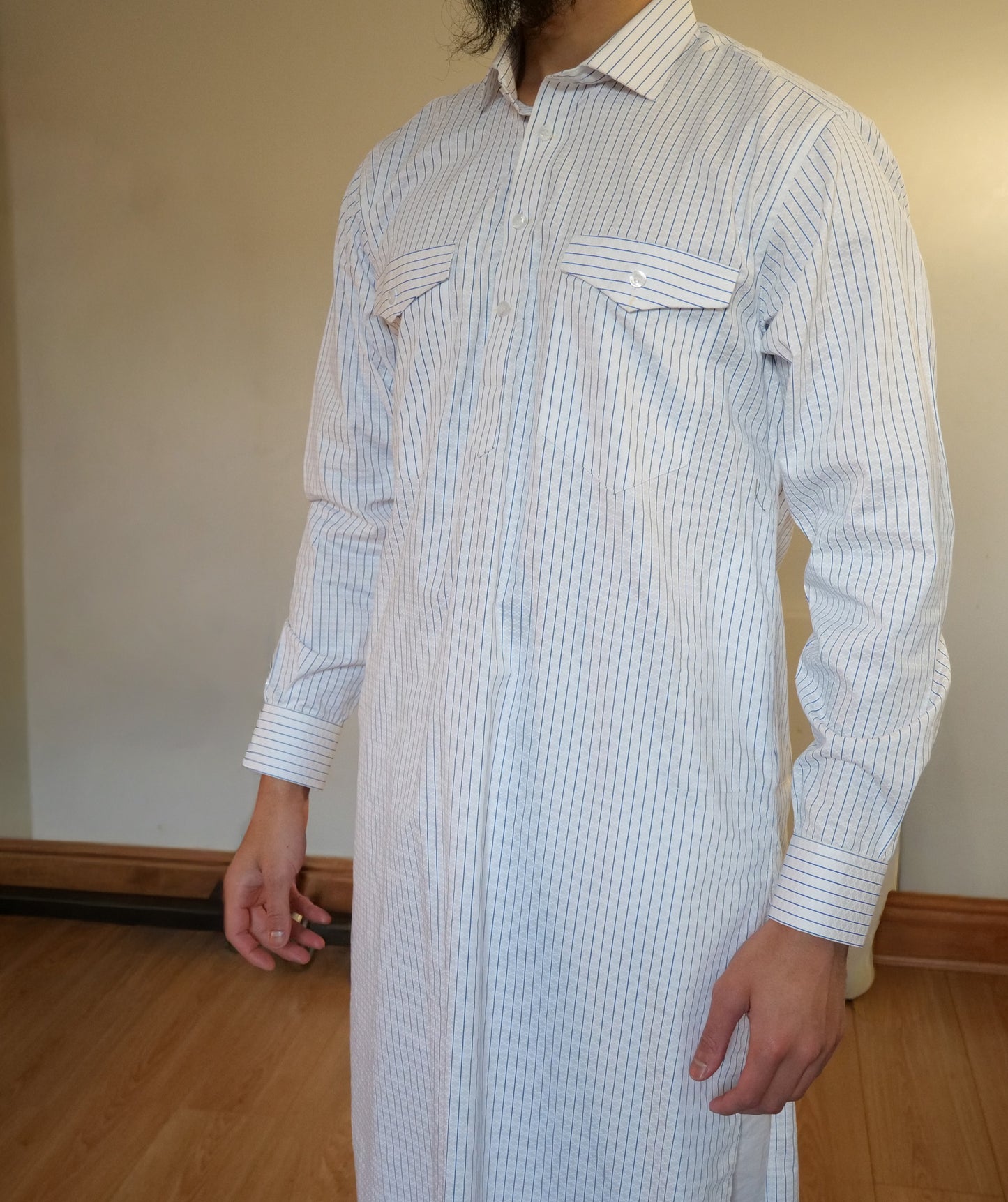 Al-Hilaal Fanjabi - Blue Pinstripe with Feint Vertical Lines