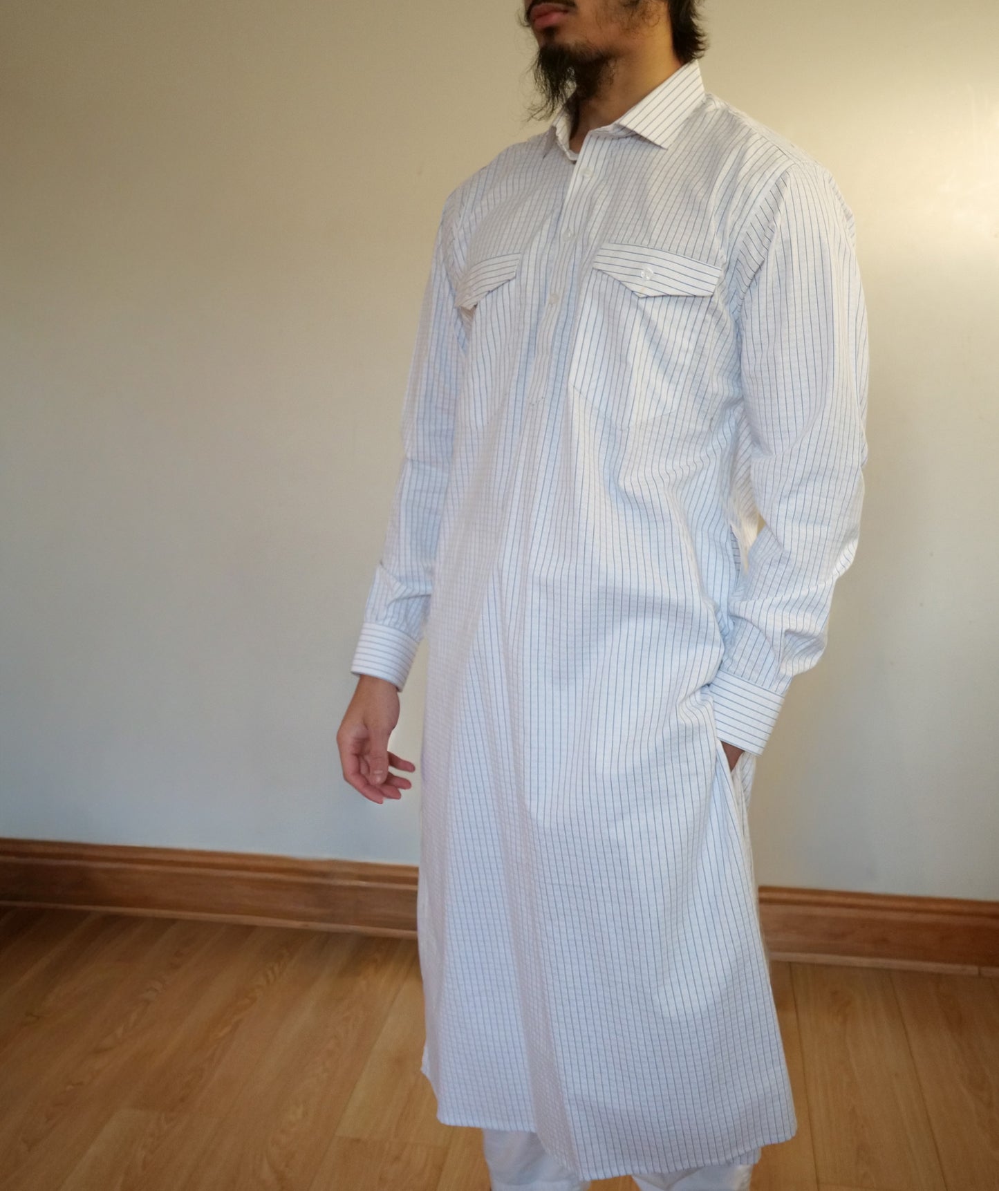 Al-Hilaal Fanjabi - Blue Pinstripe with Feint Vertical Lines